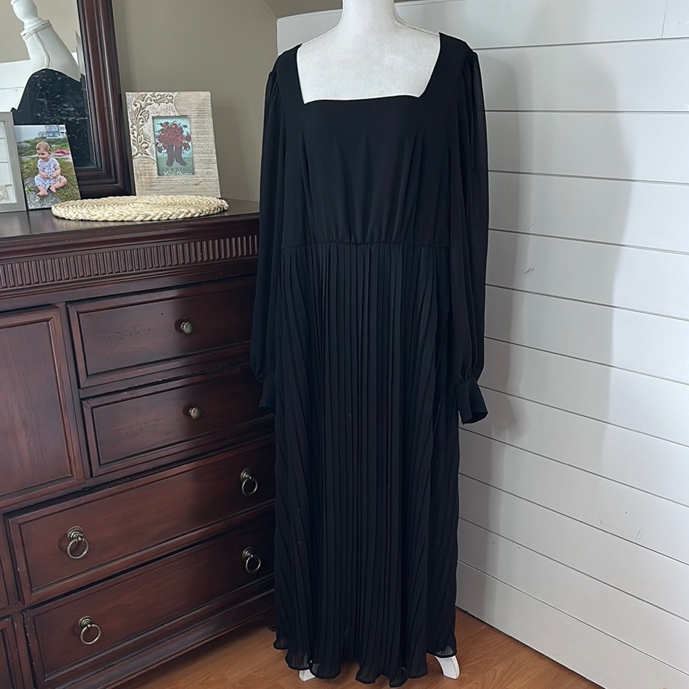 Torrid Elegant Pleated Black Chiffon Long Sleeve Dress with Silver Star Buttons